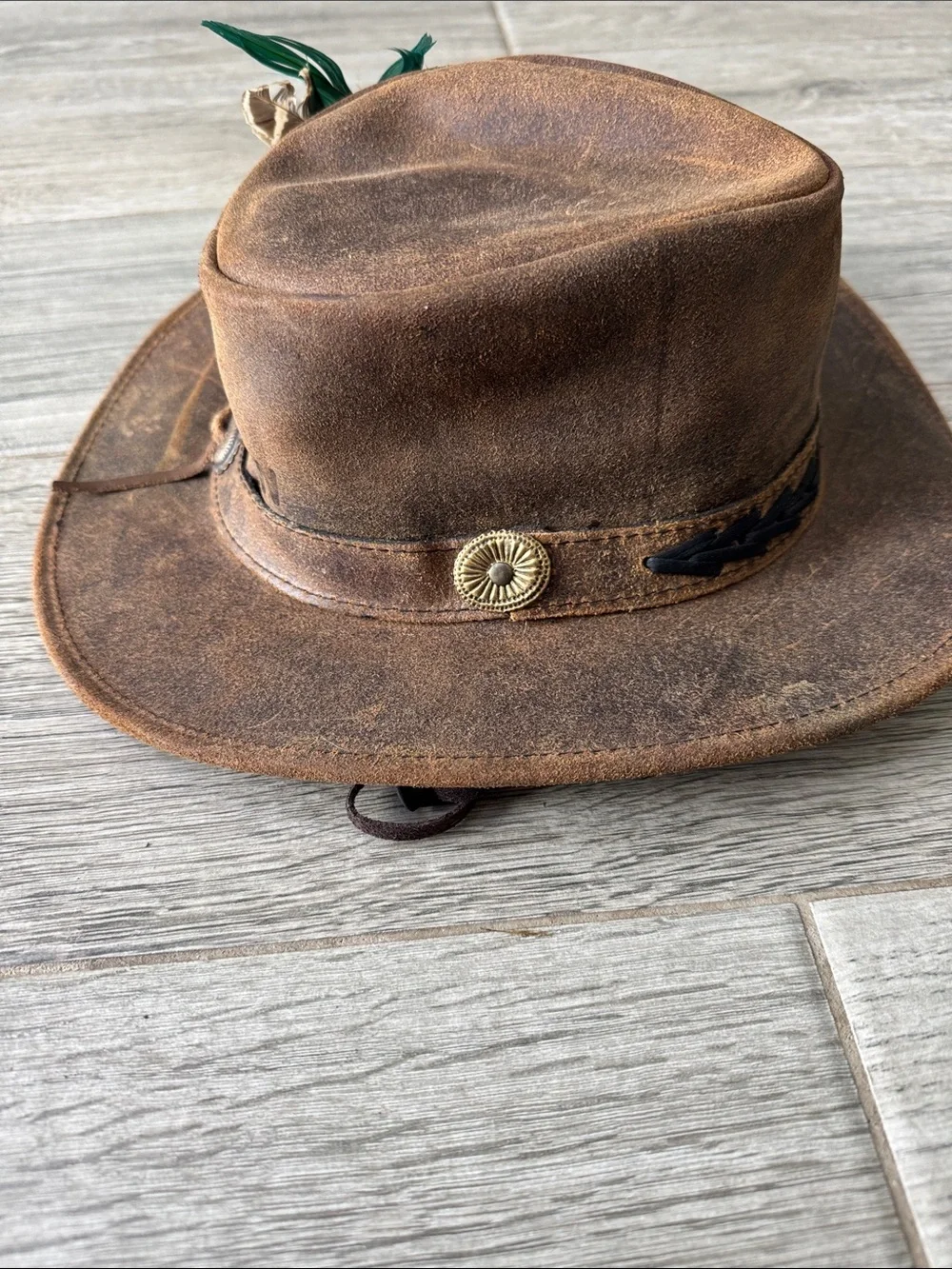 Brown Leather Western cowboy Hat with Feather Accent